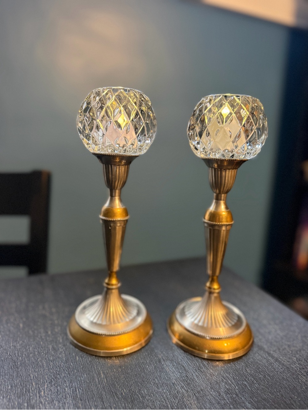 Vintage Gold and Clear Crystal Globe Candle Holders
